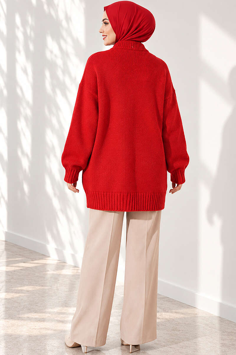 Oversized Ribbed Knit Tunic Red - immagine 4