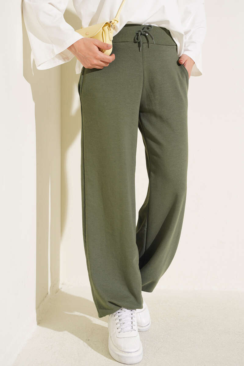 Hemmed ankle French terry two-thread knit pants Khaki