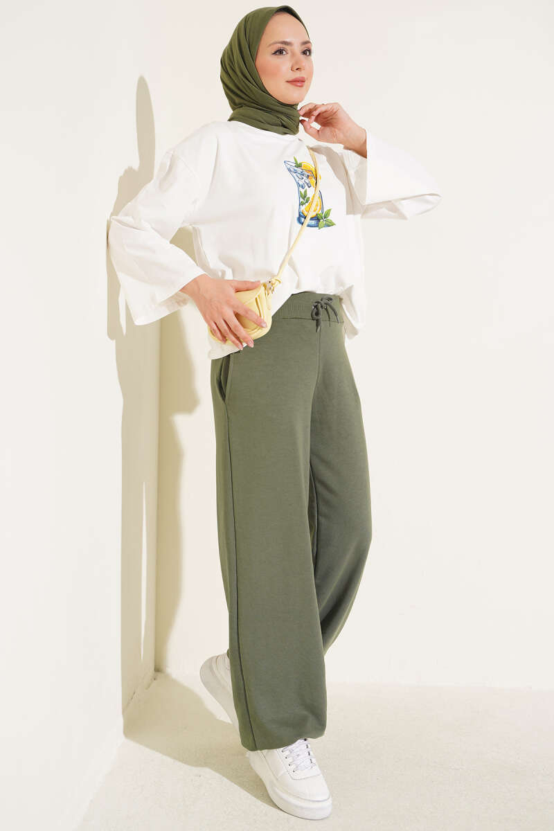 Hemmed ankle French terry two-thread knit pants Khaki – Bild 2