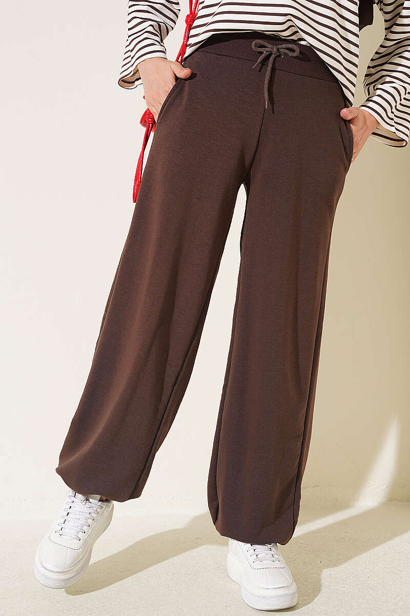Hemmed ankle French terry two-thread knit pants Brown