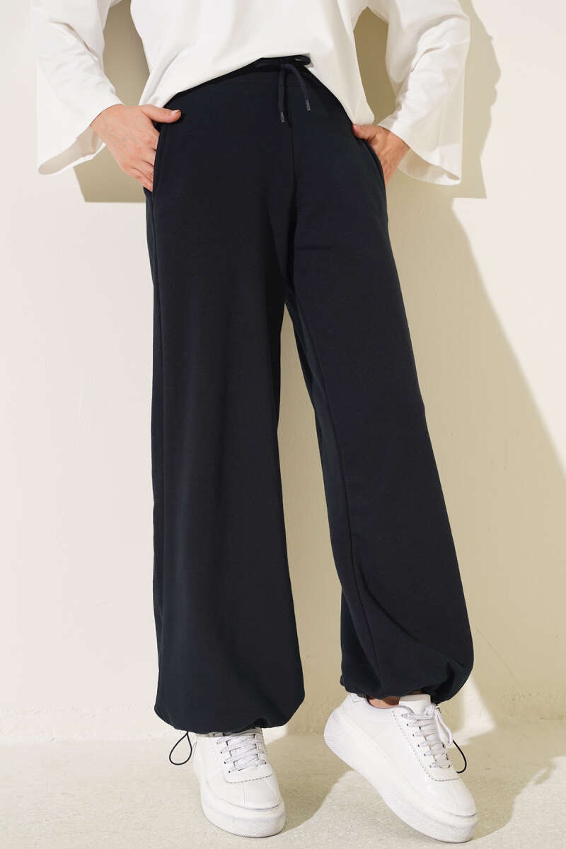 Hemmed ankle French terry two-thread knit pants Navy Blue