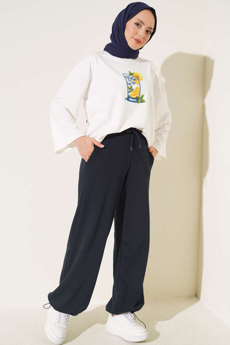 Hemmed ankle French terry two-thread knit pants Navy Blue - الصورة 2