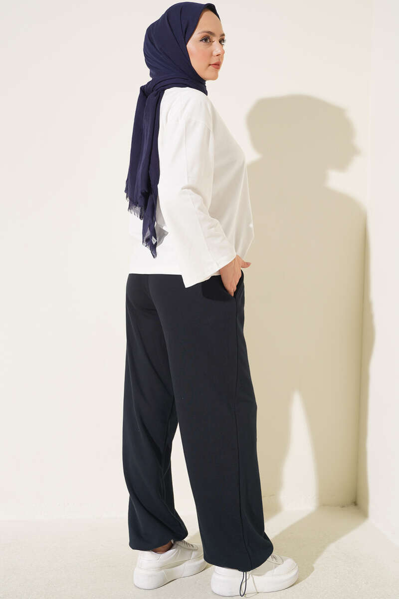 Hemmed ankle French terry two-thread knit pants Navy Blue - الصورة 3