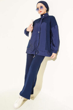 Partially Detailed Snap Button Two-Piece Set Navy Blue