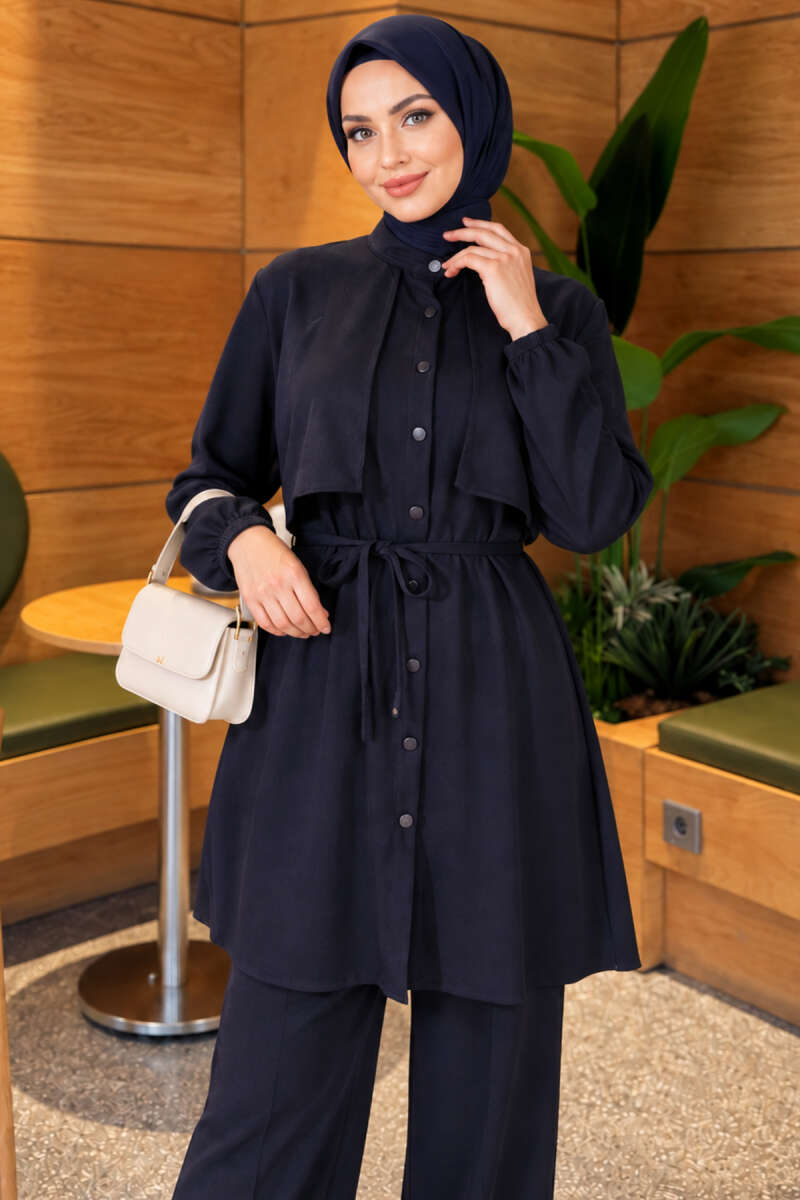 Cape with tie closure and detailed two-piece set Navy Blue - immagine 2