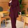 Cape with tie closure and detailed two-piece set Plum – Bild 3