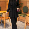 Cape with tie closure and detailed two-piece set Black