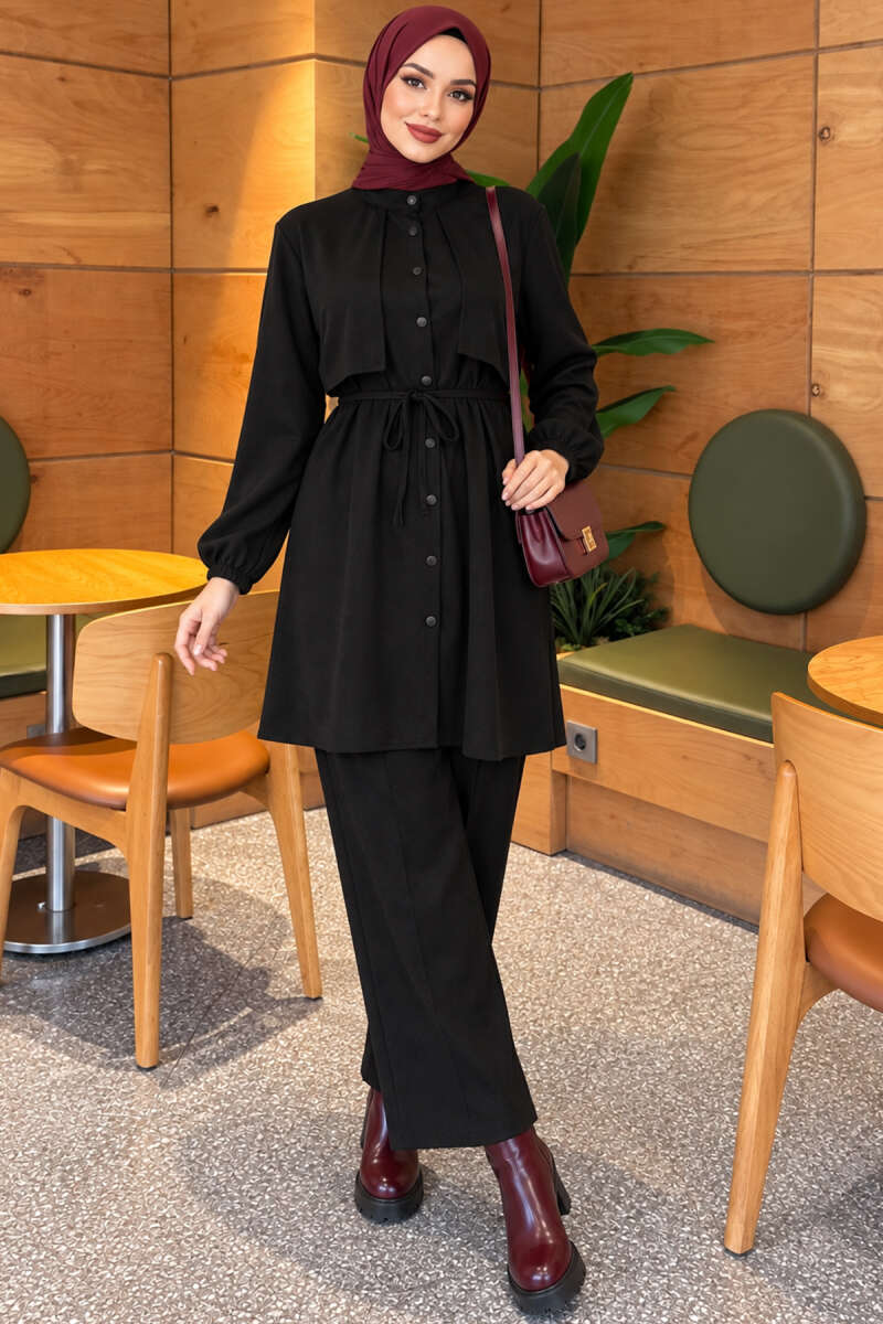 Cape with tie closure and detailed two-piece set Black