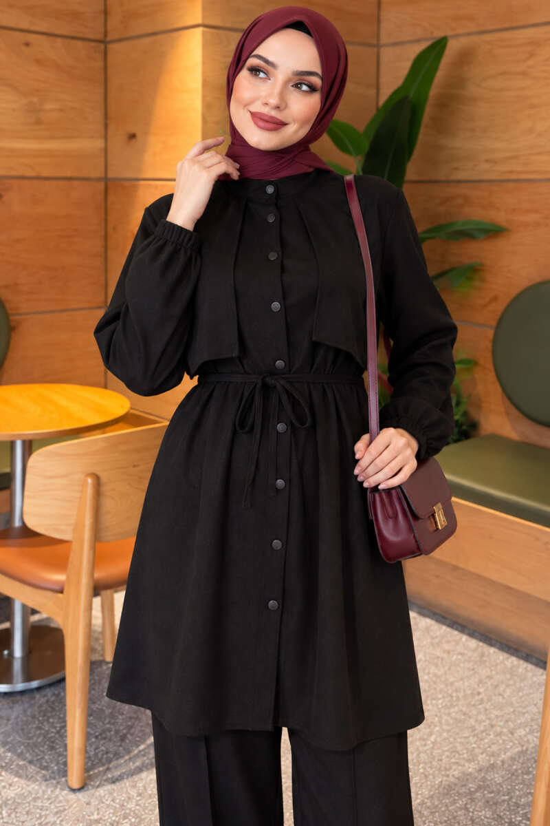 Cape with tie closure and detailed two-piece set Black – Image 2
