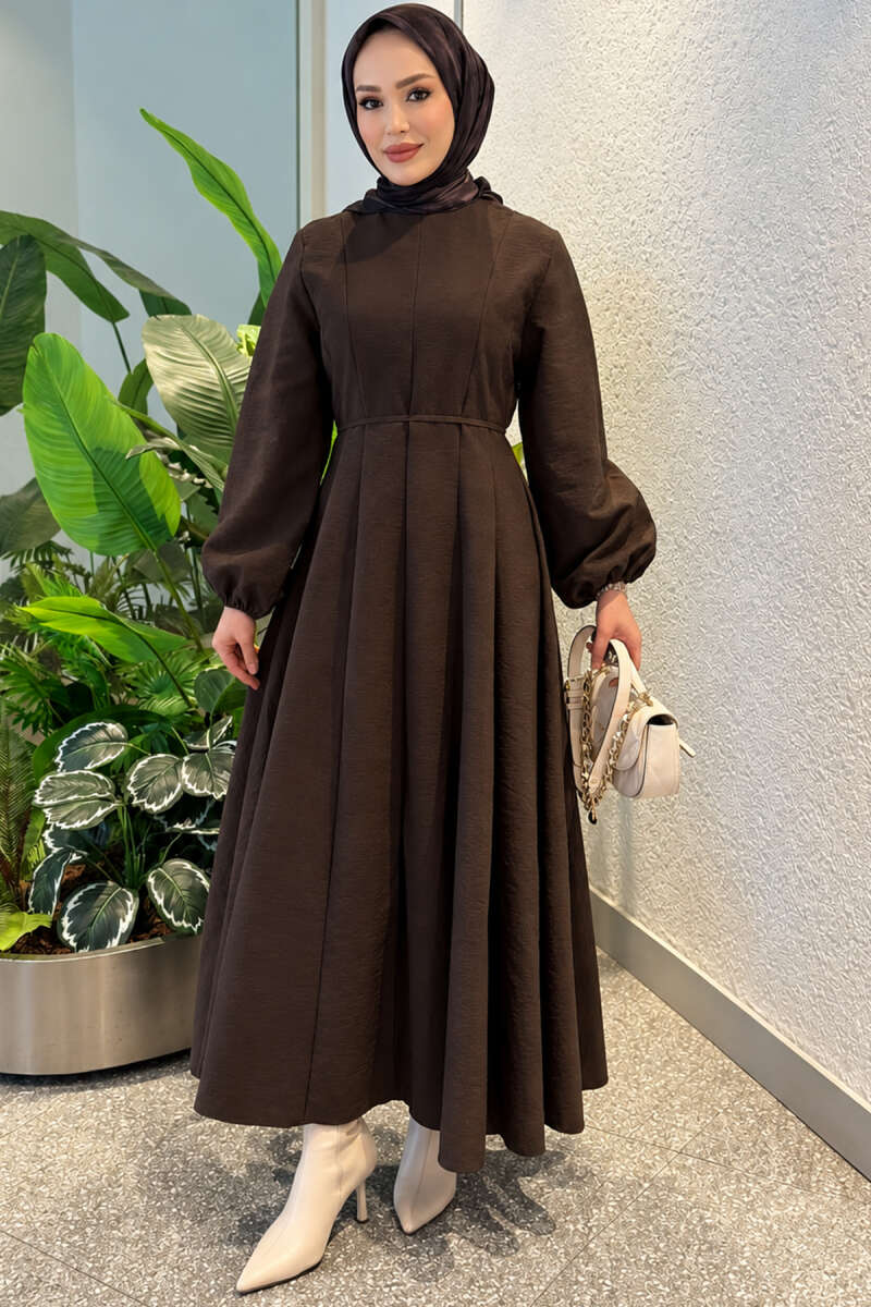 Balloon Sleeve Dress with Pen Detailing Brown