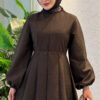 Balloon Sleeve Dress with Pen Detailing Brown - الصورة 2