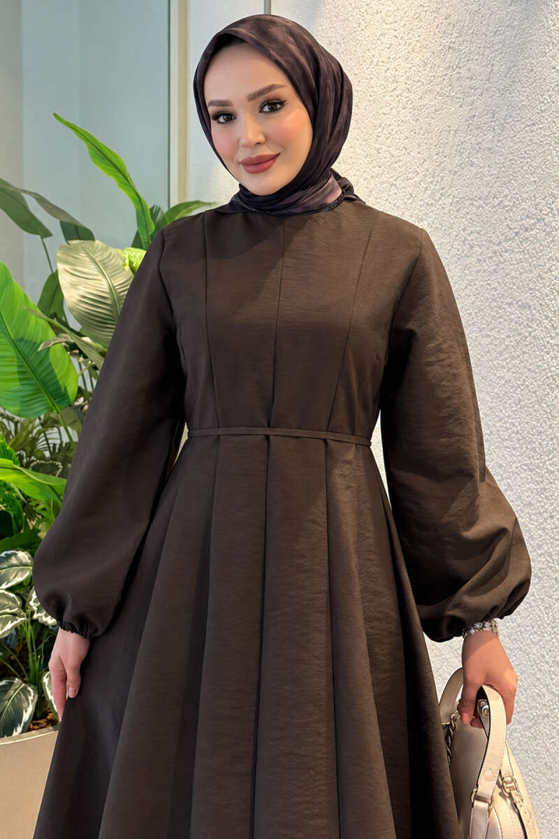 Balloon Sleeve Dress with Pen Detailing Brown - الصورة 2