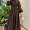 Balloon Sleeve Dress with Pen Detailing Brown - الصورة 3