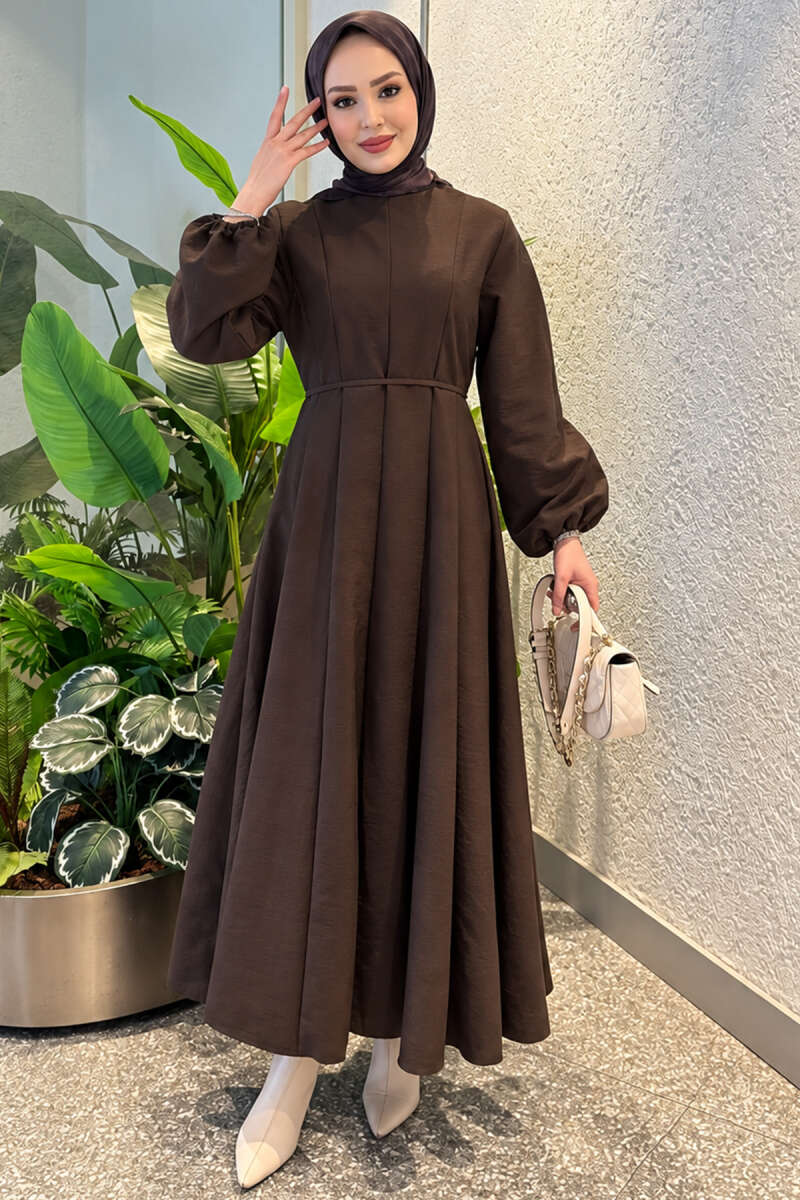 Balloon Sleeve Dress with Pen Detailing Brown - الصورة 3