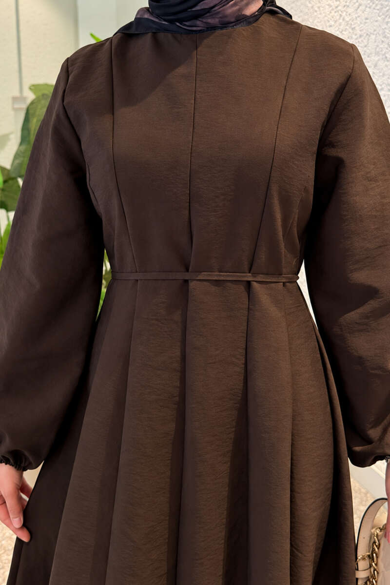 Balloon Sleeve Dress with Pen Detailing Brown - الصورة 5