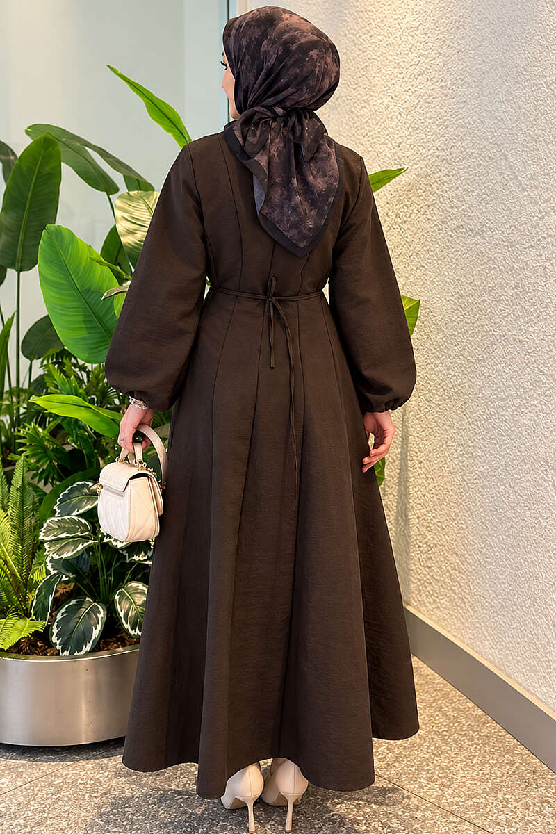 Balloon Sleeve Dress with Pen Detailing Brown - الصورة 4