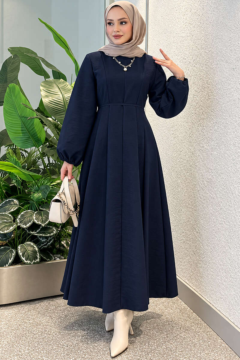 Balloon Sleeve Dress with Pen Detailing Navy Blue - Image 2