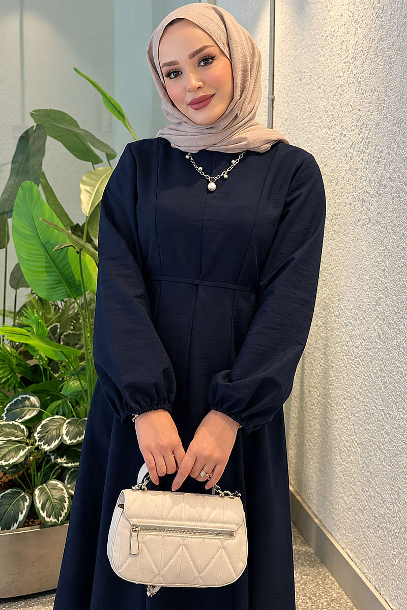 Balloon Sleeve Dress with Pen Detailing Navy Blue - Image 3
