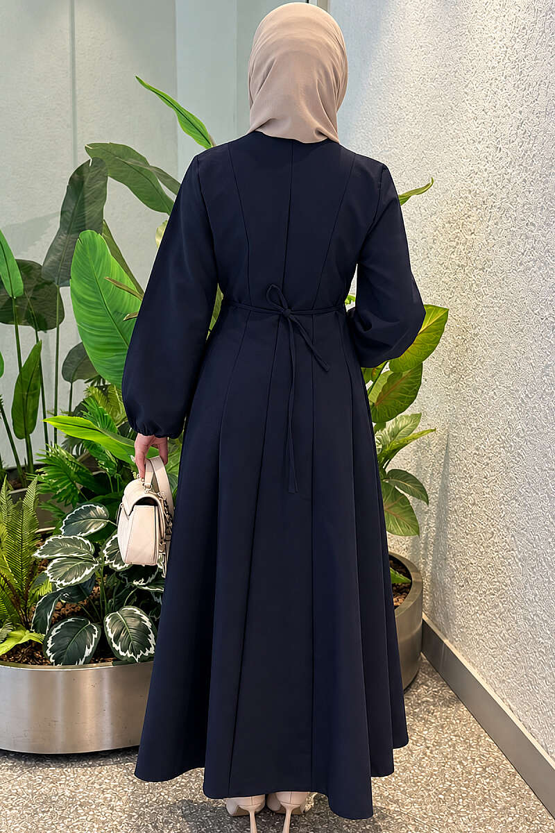 Balloon Sleeve Dress with Pen Detailing Navy Blue - Image 4