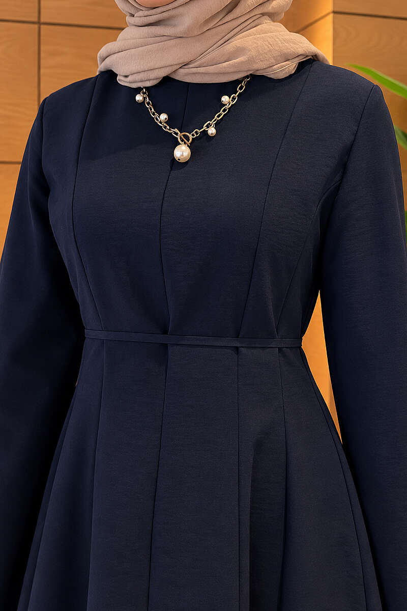 Balloon Sleeve Dress with Pen Detailing Navy Blue - Image 5