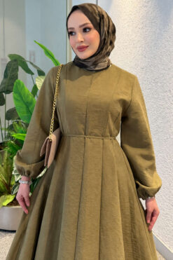 Alternative view of Balloon Sleeve Dress with Pen Detailing Oil Green