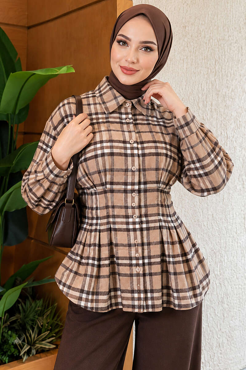 Checkered Pattern French Terry Shirt Beige – Image 3