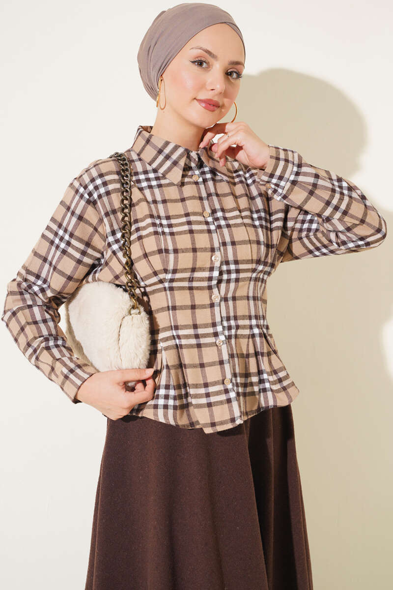 Checkered Pattern French Terry Shirt Beige – Image 5