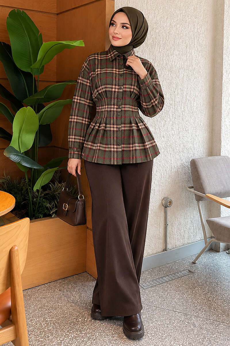 Checkered Pattern French Terry Shirt Khaki – Image 2