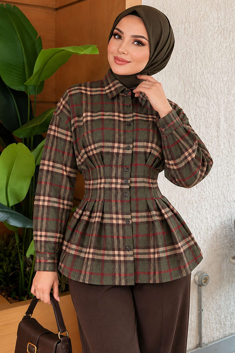 Checkered Pattern French Terry Shirt Khaki – Image 3