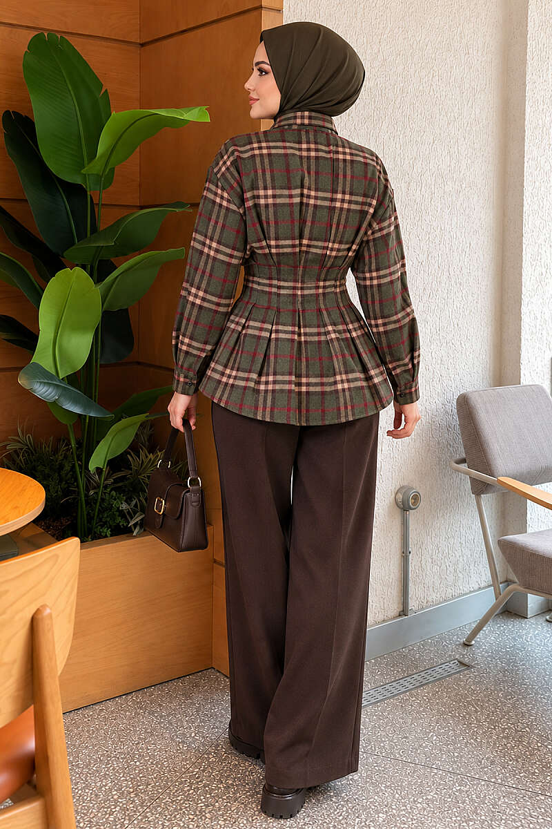 Checkered Pattern French Terry Shirt Khaki – Image 4