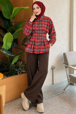 Alternative view of Checkered Pattern French Terry Shirt Red