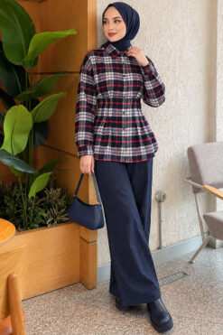 Alternative view of Checkered Pattern French Terry Shirt Navy Blue