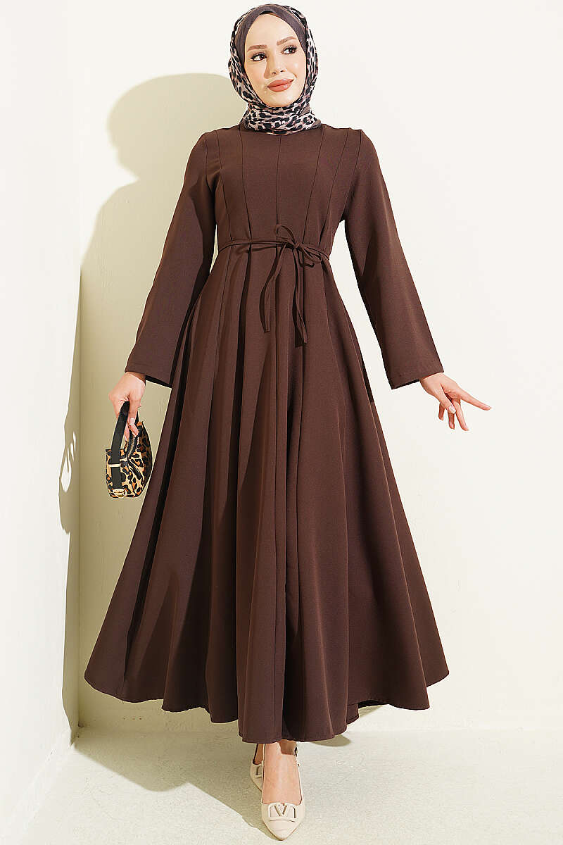 Tunic Dress with Pen Detailing and Drawstring Closure Brown