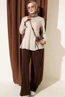 Alternative view of Striped Cross-Over Knit Tunic with Drawstring Beige