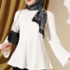 Striped Cross-Over Knit Tunic with Drawstring Ecru