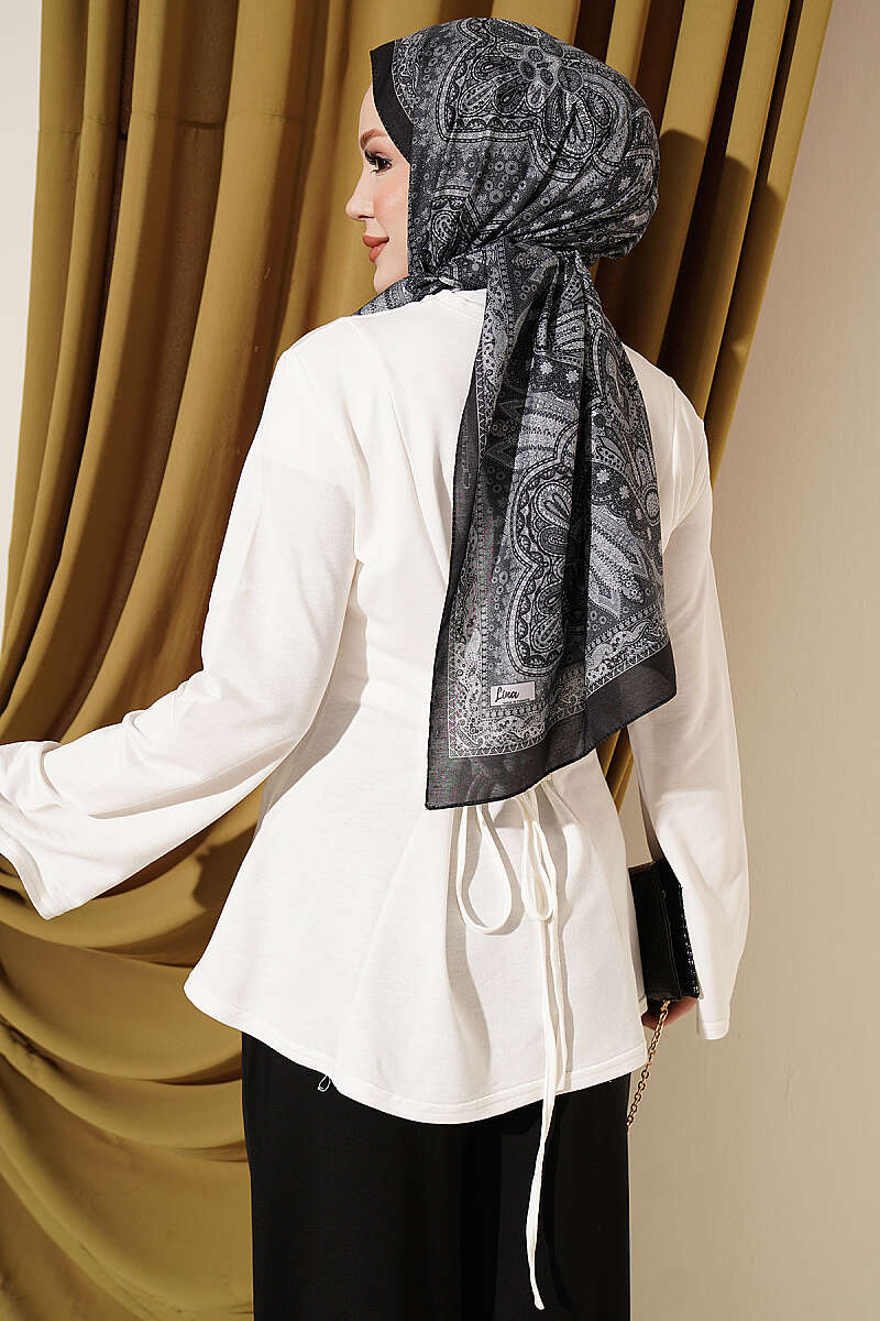 Striped Cross-Over Knit Tunic with Drawstring Ecru - الصورة 3