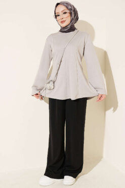 Alternative view of Striped Cross-Over Knit Tunic with Drawstring Grey