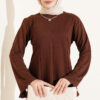 Striped Cross-Over Knit Tunic with Drawstring Brown