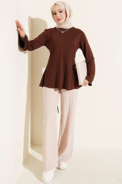 Alternative view of Striped Cross-Over Knit Tunic with Drawstring Brown