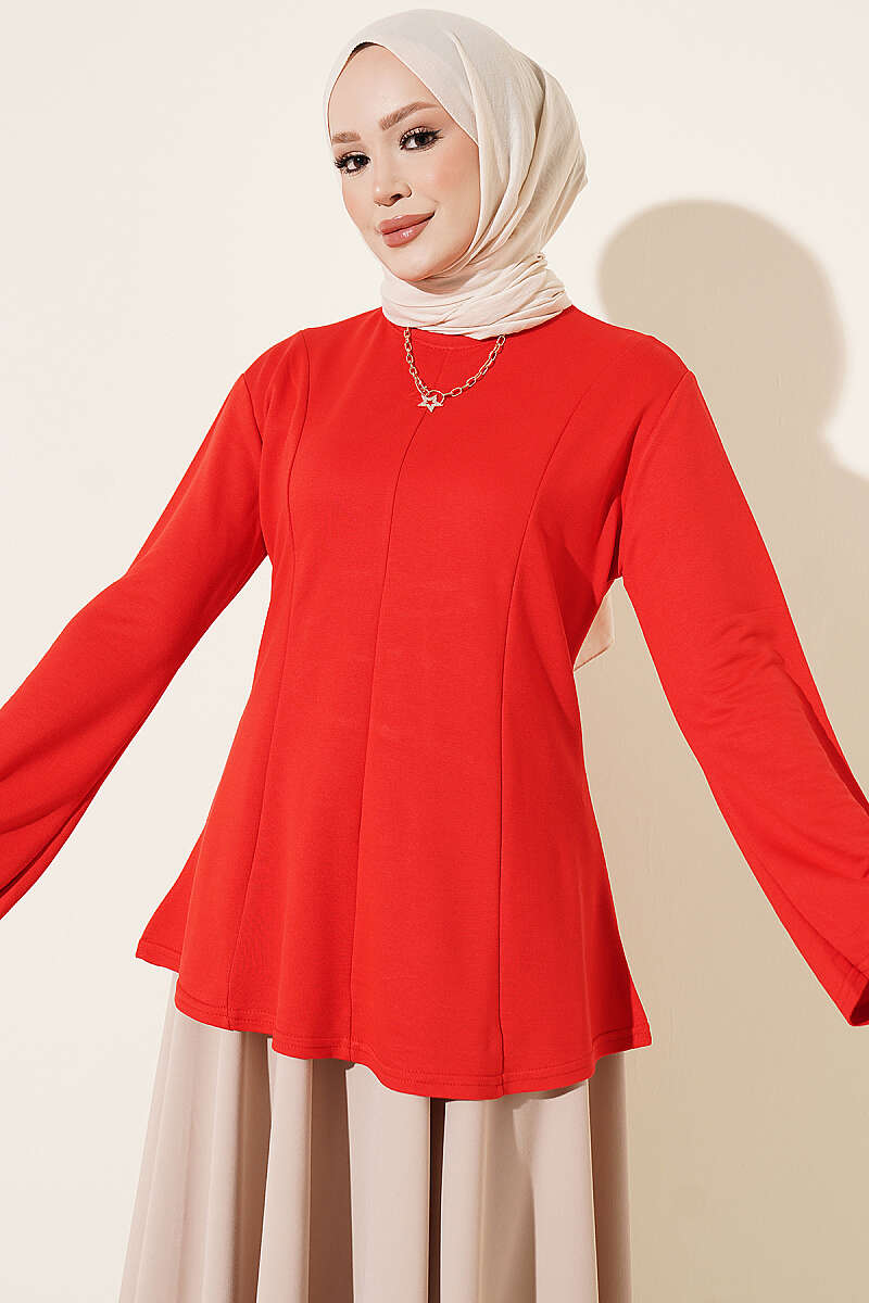 Striped Cross-Over Knit Tunic with Drawstring Red