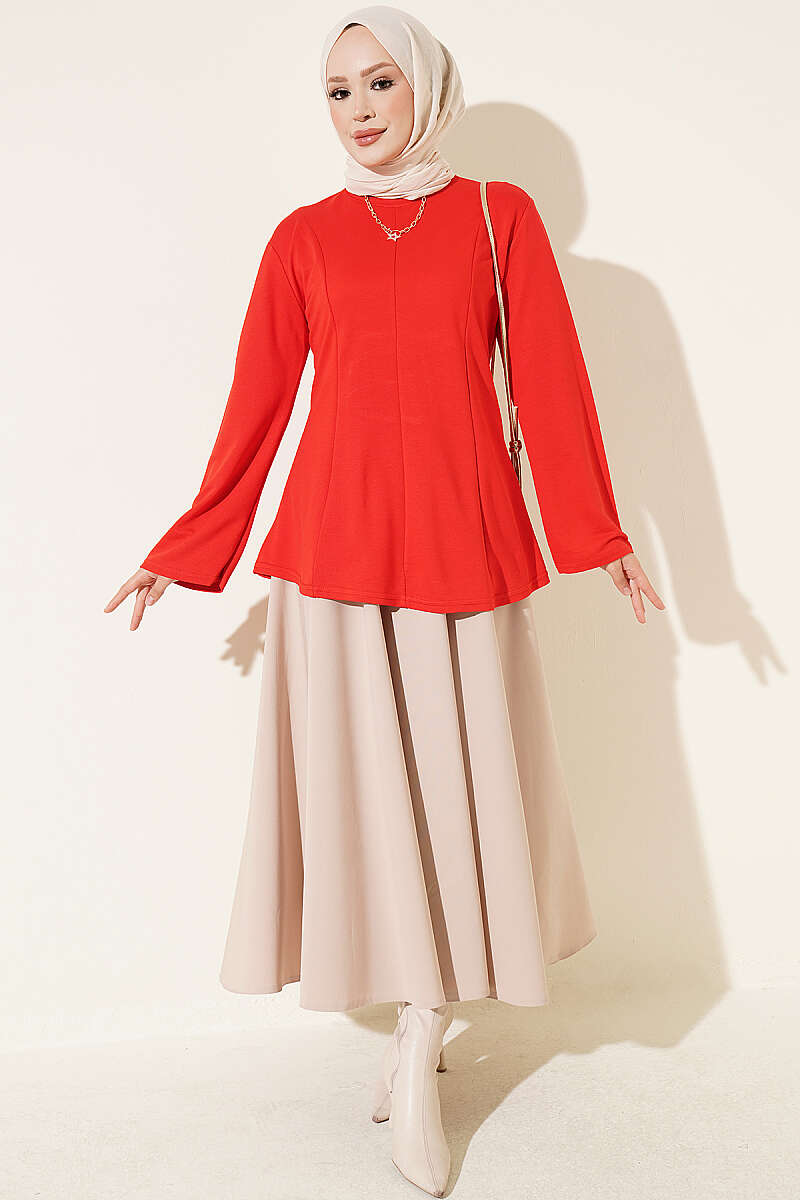 Striped Cross-Over Knit Tunic with Drawstring Red - الصورة 2