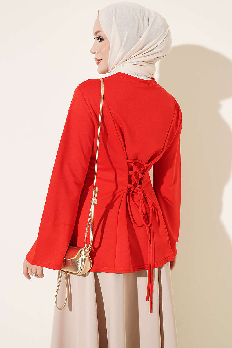 Striped Cross-Over Knit Tunic with Drawstring Red - الصورة 3