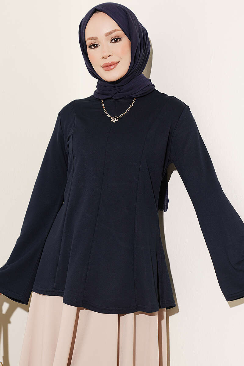 Striped Cross-Over Knit Tunic with Drawstring Navy Blue