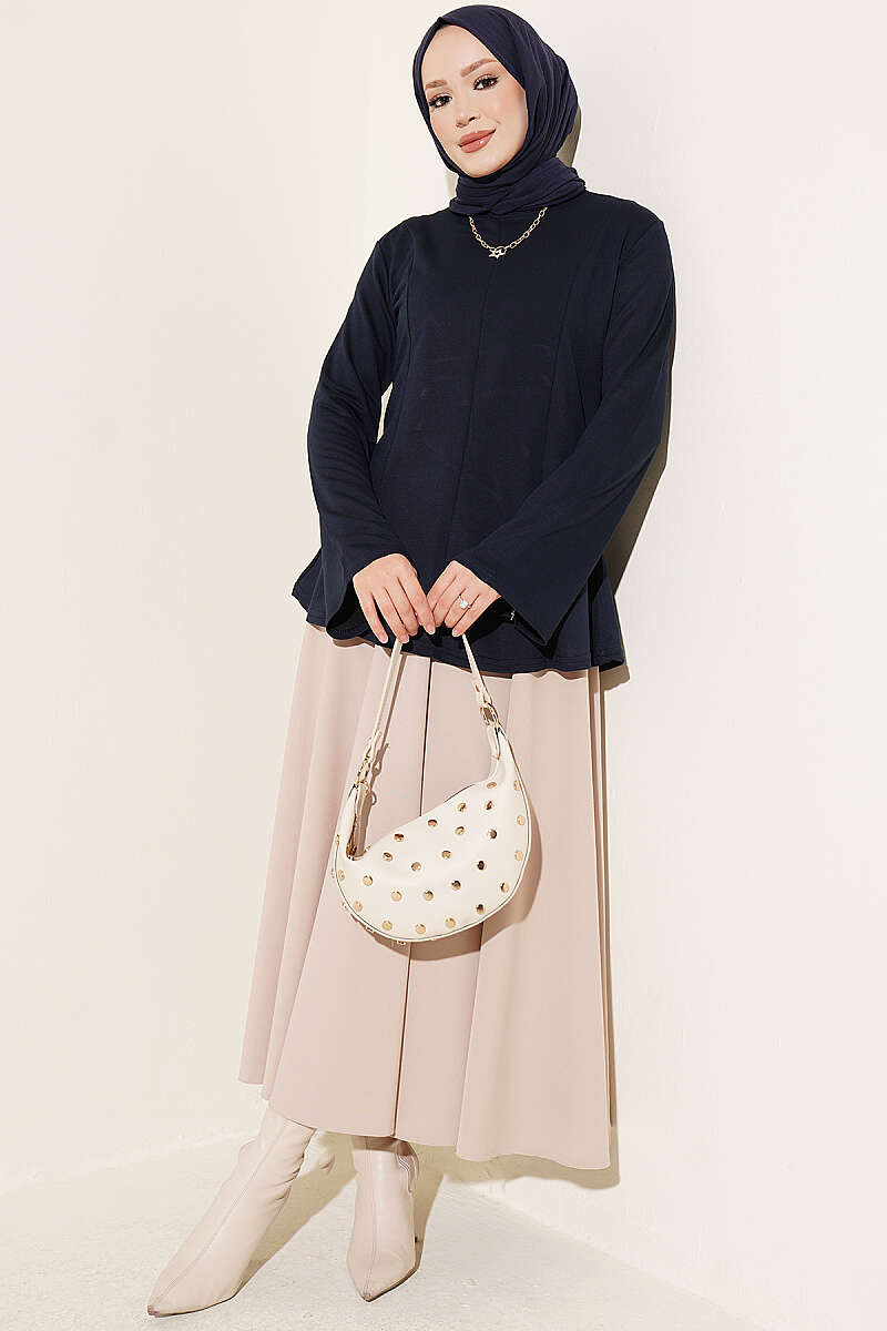 Striped Cross-Over Knit Tunic with Drawstring Navy Blue - الصورة 2