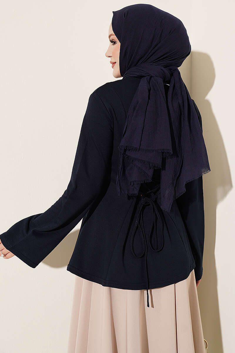Striped Cross-Over Knit Tunic with Drawstring Navy Blue - الصورة 3