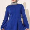 Striped Cross-Over Knit Tunic with Drawstring Blue
