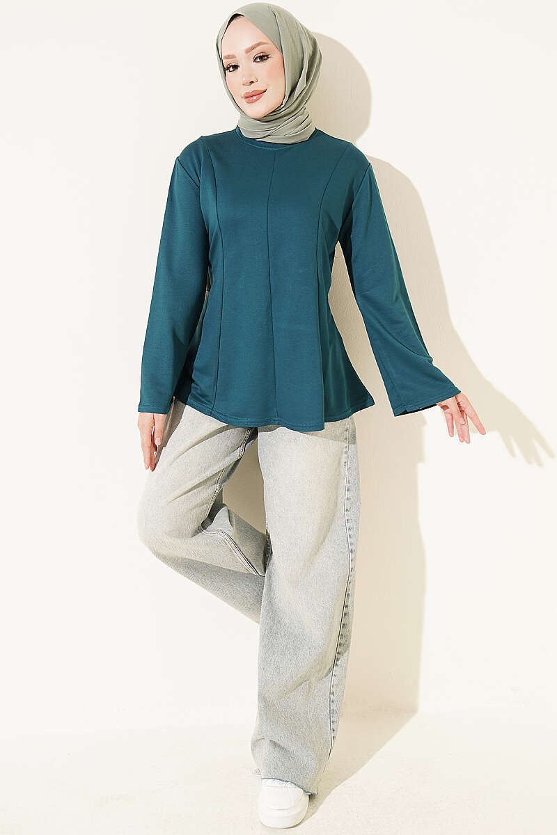Striped Cross-Over Knit Tunic with Drawstring Petrol Green – Image 2