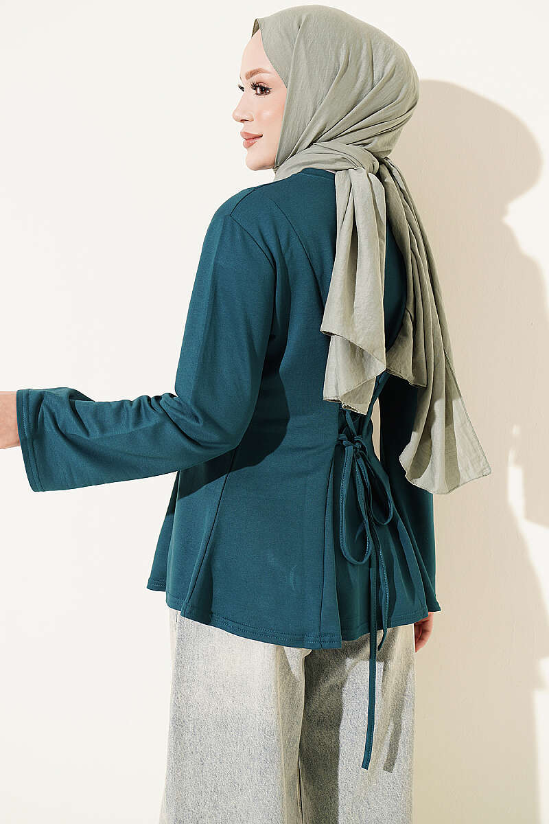 Striped Cross-Over Knit Tunic with Drawstring Petrol Green – Image 3