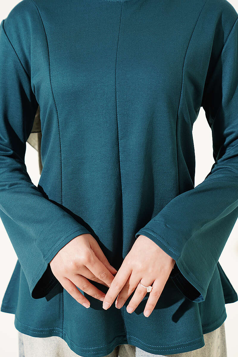 Striped Cross-Over Knit Tunic with Drawstring Petrol Green – Image 4