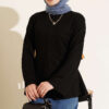 Striped Cross-Over Knit Tunic with Drawstring Black